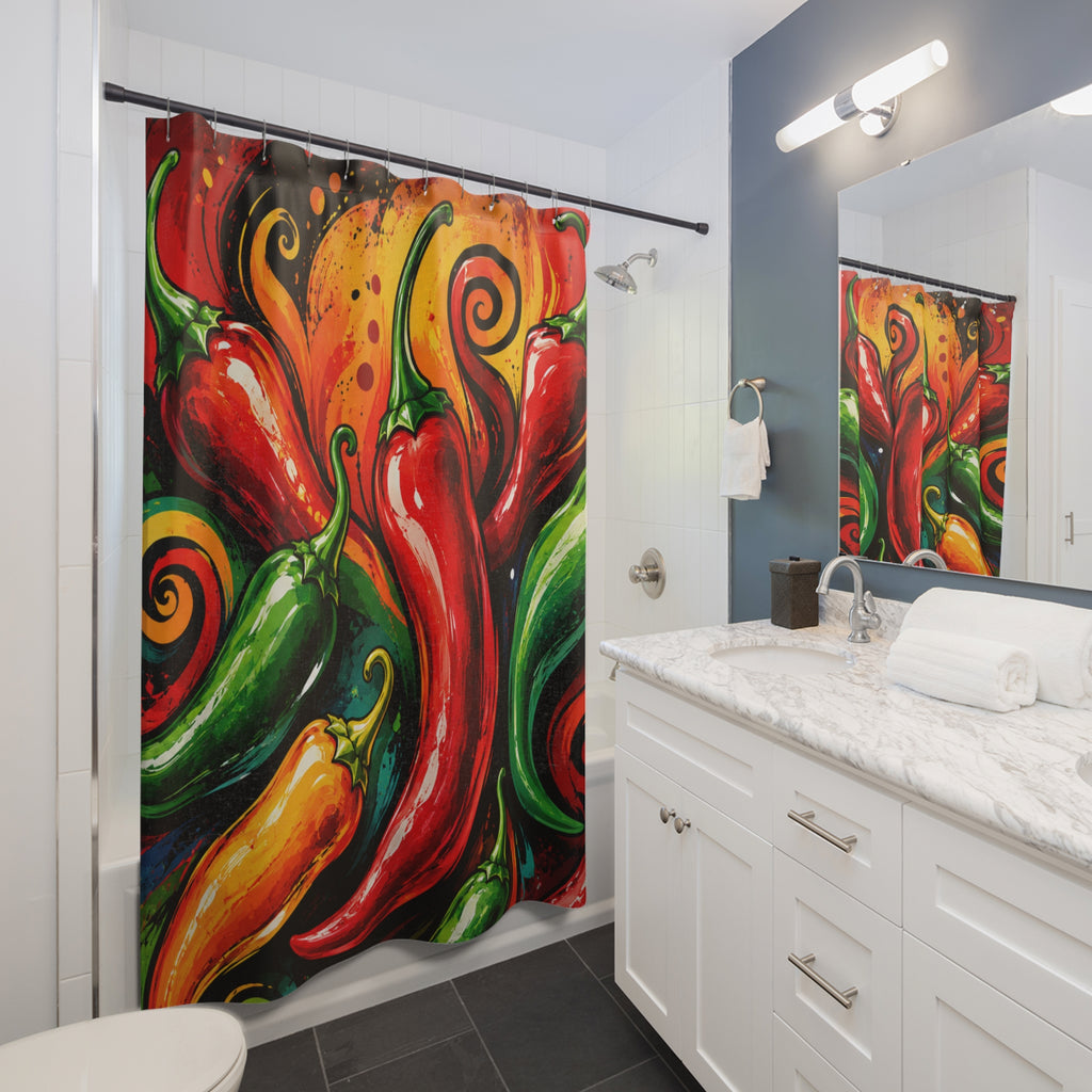 Spicy Chili Pepper Shower Curtain — Bold Red & Green Kitchen/ Bathroom Decor