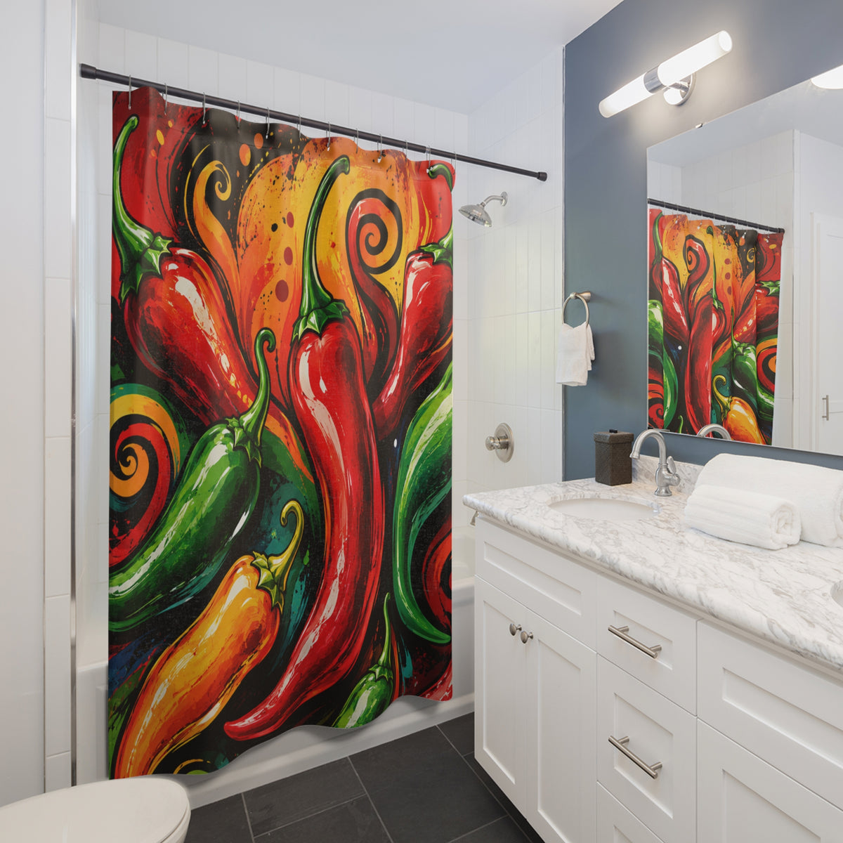 Spicy Chili Pepper Shower Curtain — Bold Red & Green Kitchen/ Bathroom Decor