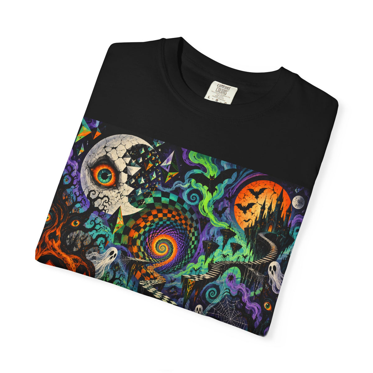 Psychedelic Halloween T-Shirt – Spooky Pumpkin & Skull Nightscape