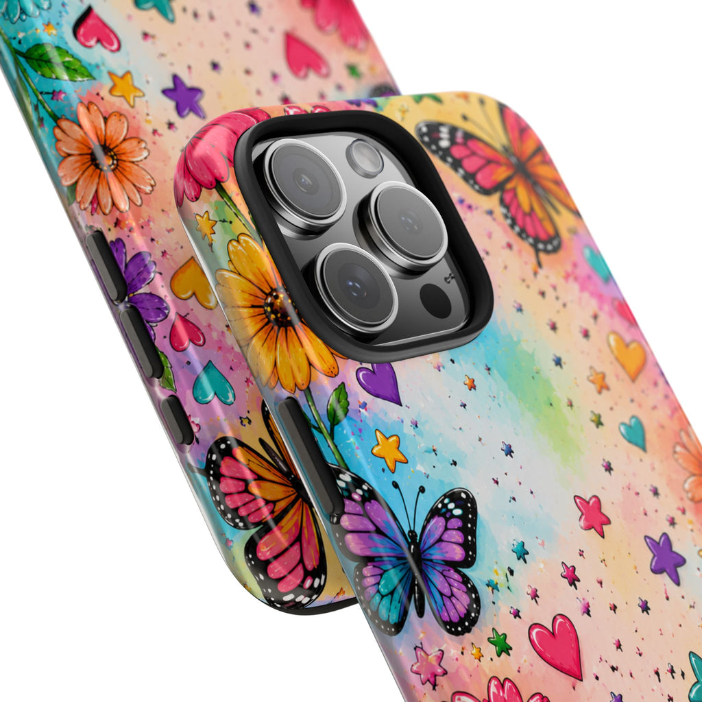 Colorful Butterflies and Flowers Tough Phone Case | Rainbow Hearts Stars