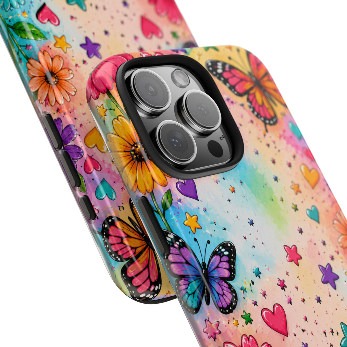 Colorful Butterflies and Flowers Tough Phone Case | Rainbow Hearts Stars