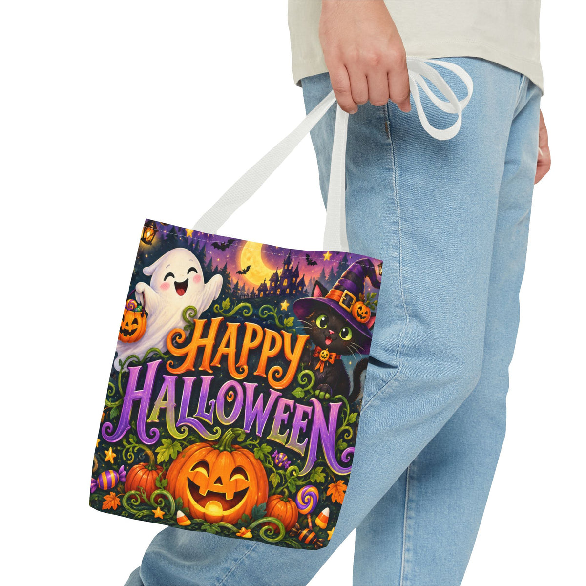 Halloween Tote Bag — Cute Ghost, Black Cat & Pumpkin Trick-or-Treat Candy Bag