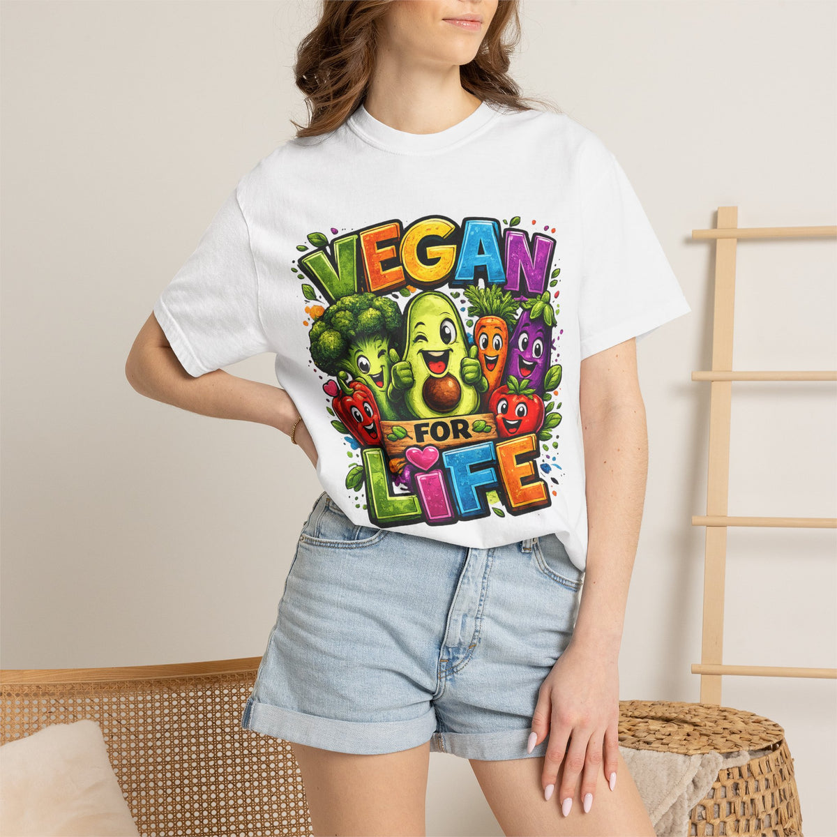 Vegan for Life T-Shirt | Colorful Cartoon Veggies Tee