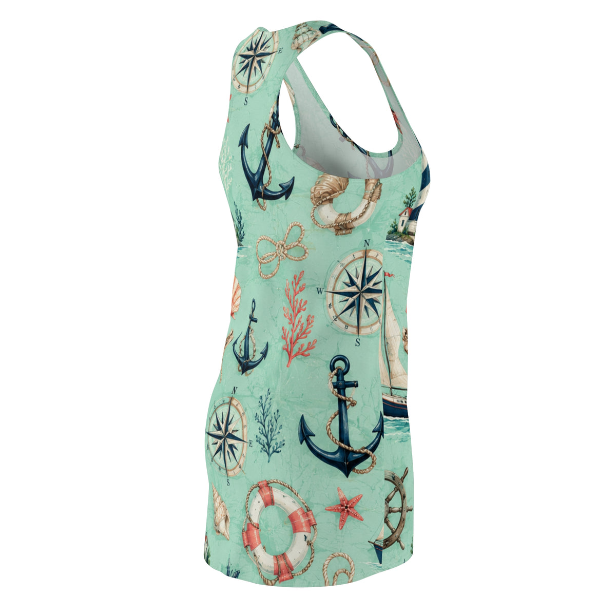 Nautical Print Racerback Dress — Beach Anchor & Lighthouse Sundress
