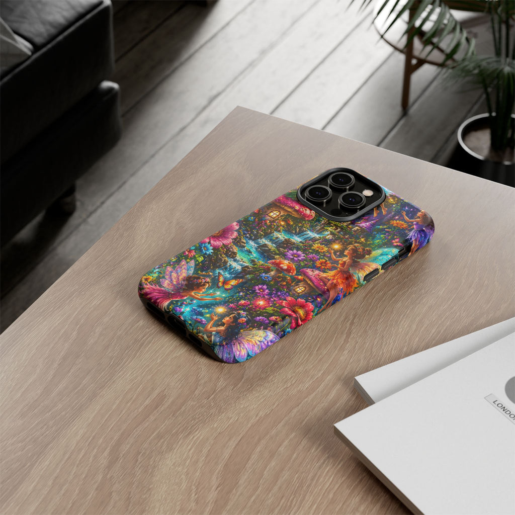 Fairy Garden Tough Phone Case — Whimsical Cottage, Waterfall & Mushroom Artwork