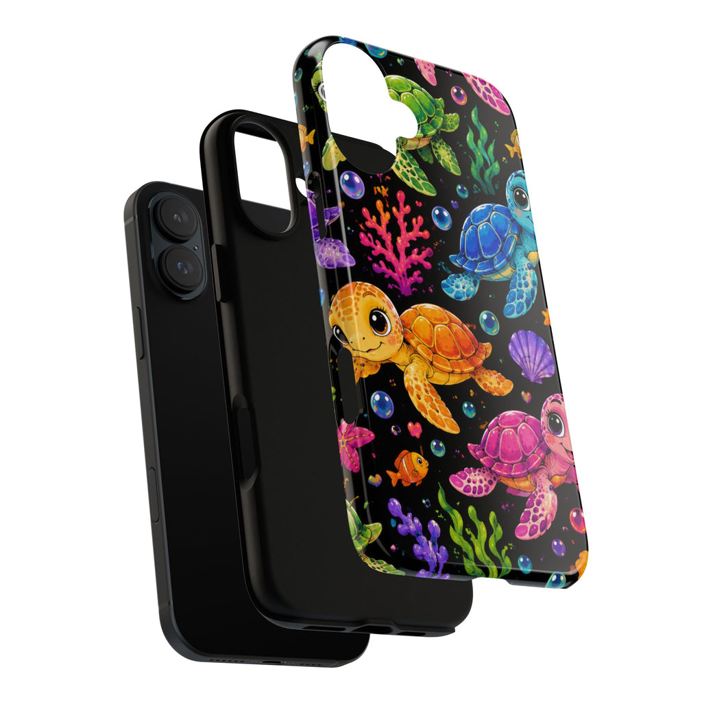 Phone Case — Colorful Cute Sea Turtles on Black (Protective Smartphone Cover)
