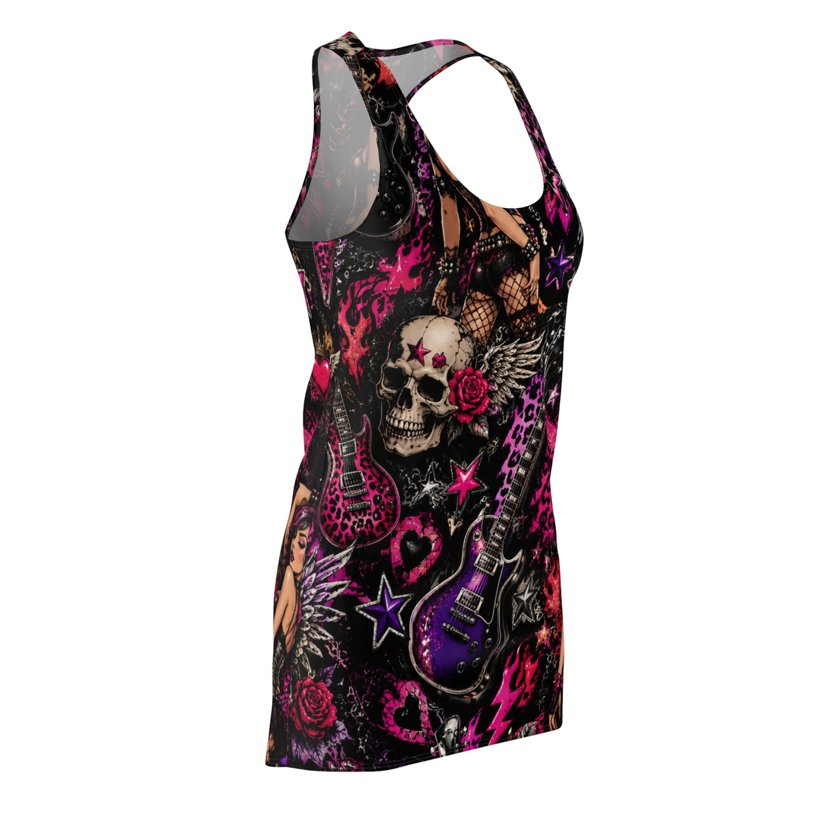 Rockabilly Pinup Racerback Dress — Gothic Skull & Guitar All-Over Print