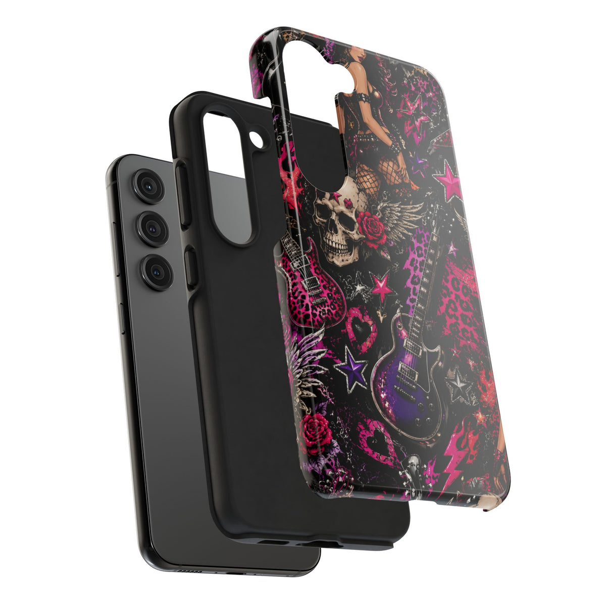 Rock Skull Guitar Phone Case — Edgy Pink Skull & Roses Tough Phone Case