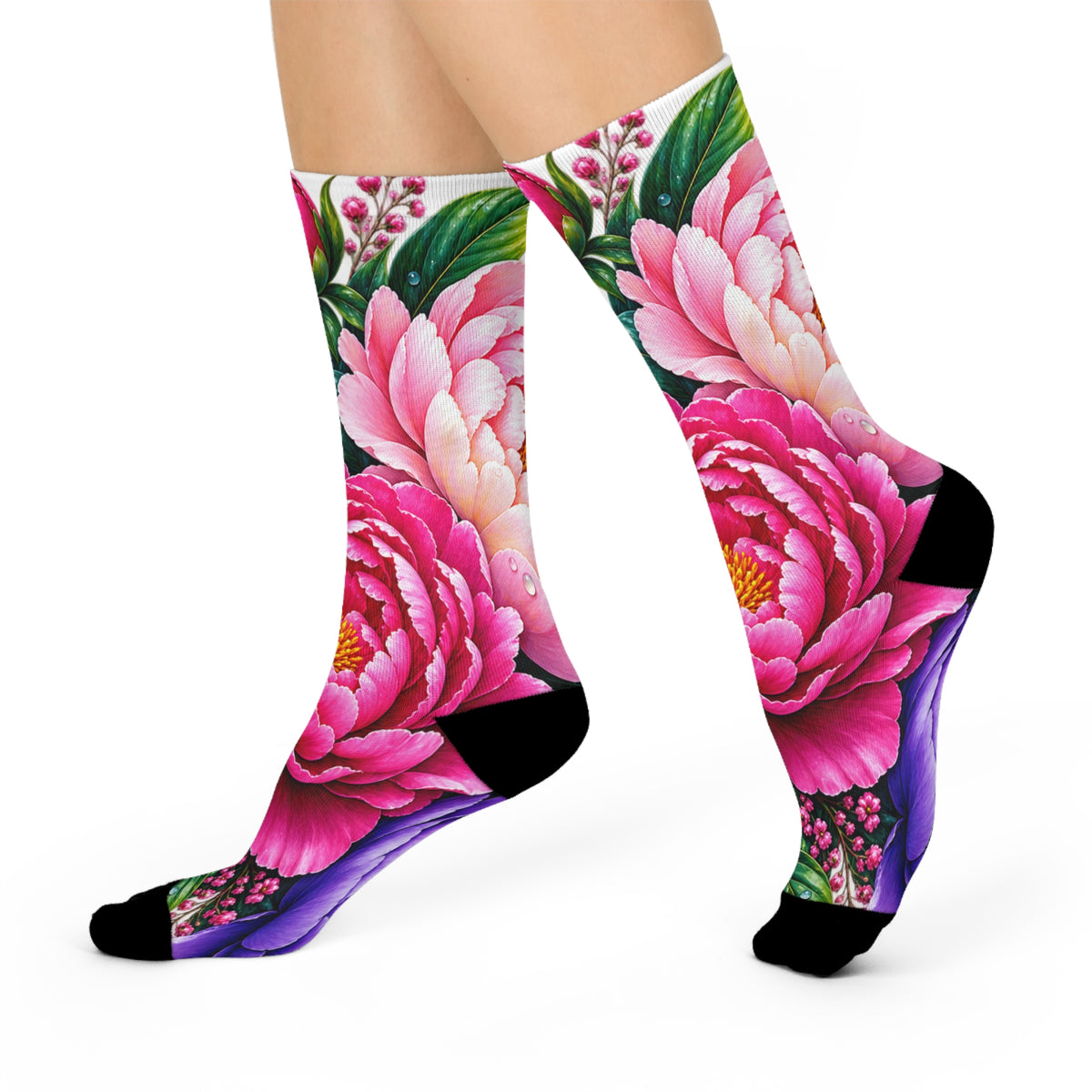 Pink Peony Floral Crew Socks — Cushioned Botanical Comfort