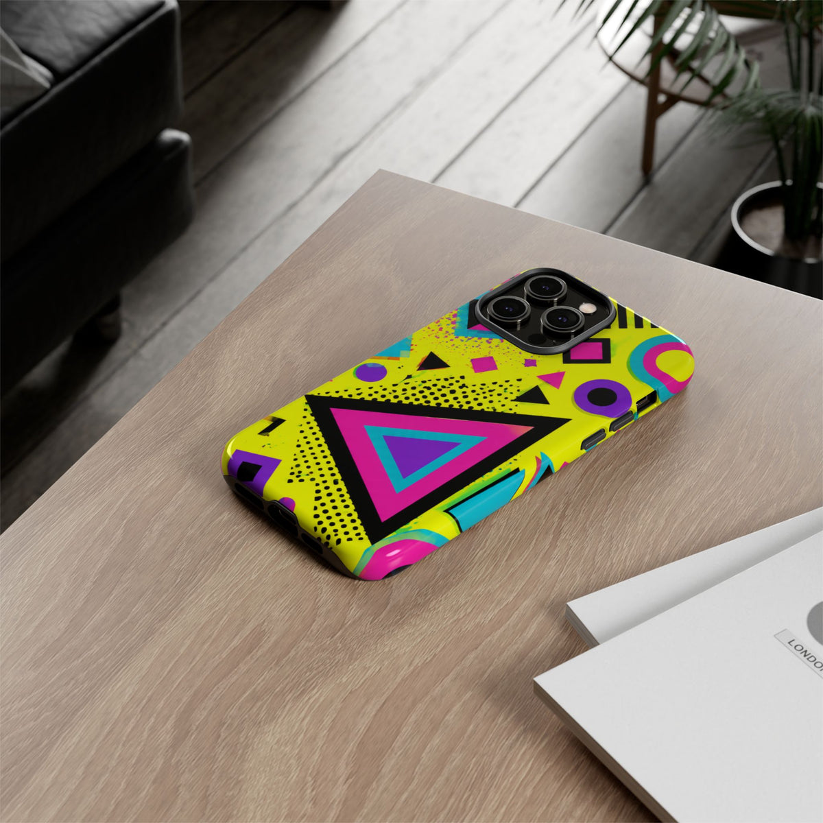 Retro 80s Geometric Phone Case — Neon Memphis Triangle Design