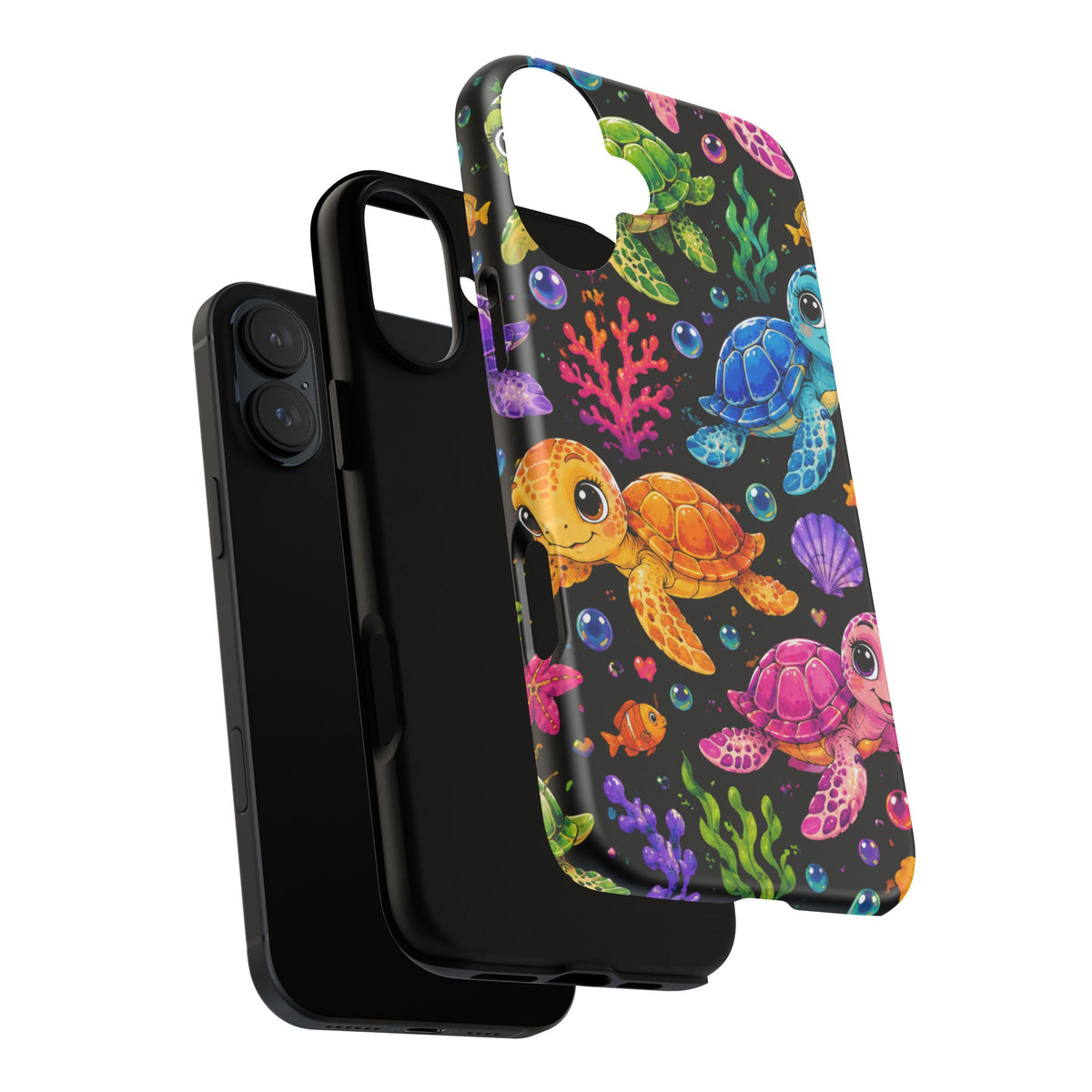 Phone Case — Colorful Cute Sea Turtles on Black (Protective Smartphone Cover)