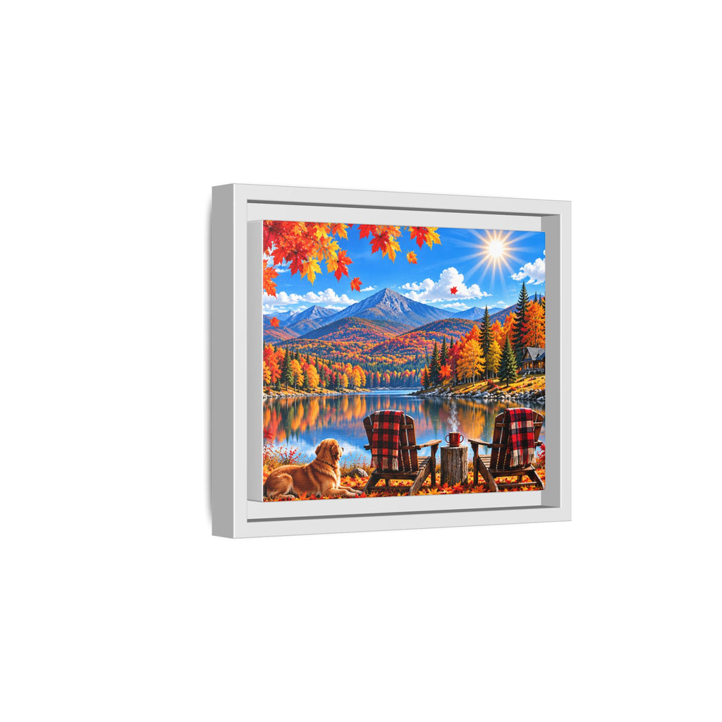 Autumn Lake Framed Canvas Print — Cozy Fall Cabin Landscape