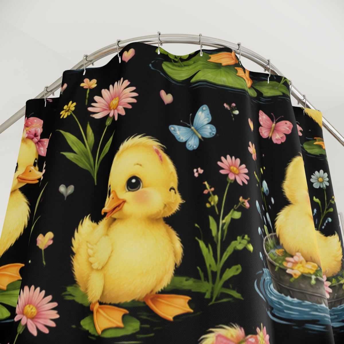 Duckling Shower Curtain – Cute Yellow Chicks Floral Bath Decor