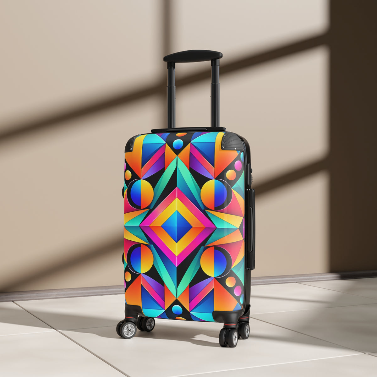 Vibrant Geometric Carry-On Suitcase — Colorful Retro Travel Luggage