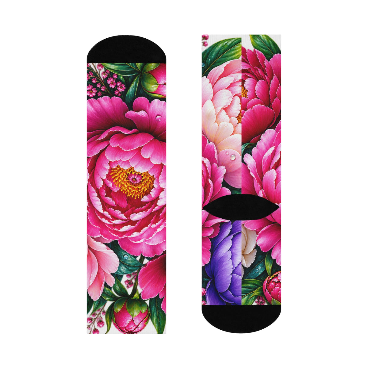 Pink Peony Floral Crew Socks — Cushioned Botanical Comfort