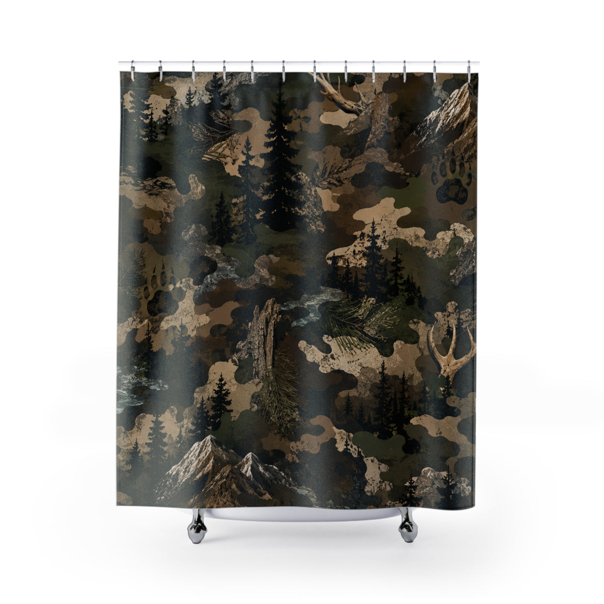 Camo Wilderness Shower Curtain — Mountain & Pine Forest Camouflage Bathroom Decor