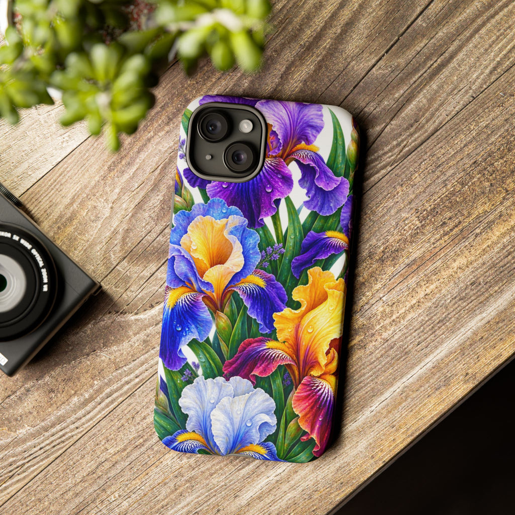 Floral Iris Tough Phone Case — Colorful Watercolor Iris Protective Cover