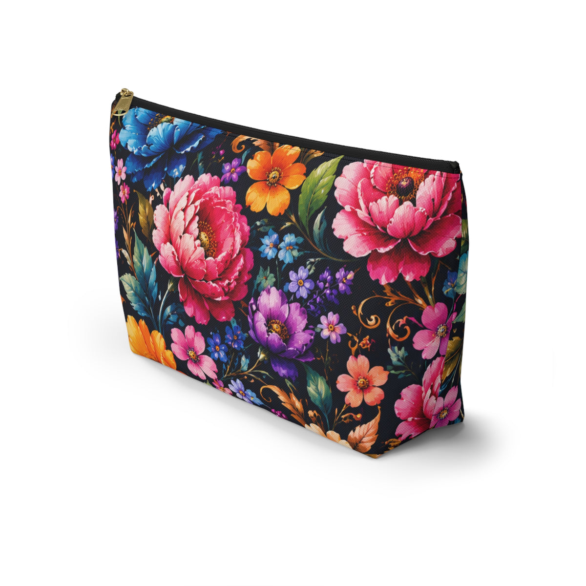 Floral Accessory Pouch — Vibrant Garden Makeup Bag with T-Bottom