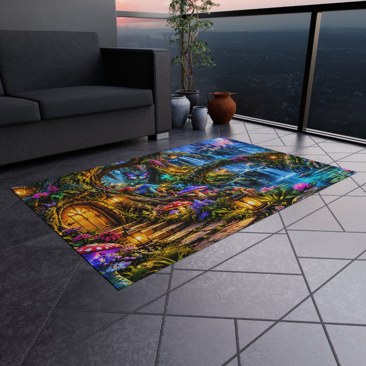 Fantasy Waterfall Outdoor Rug — Enchanted Forest Doorstep Mat