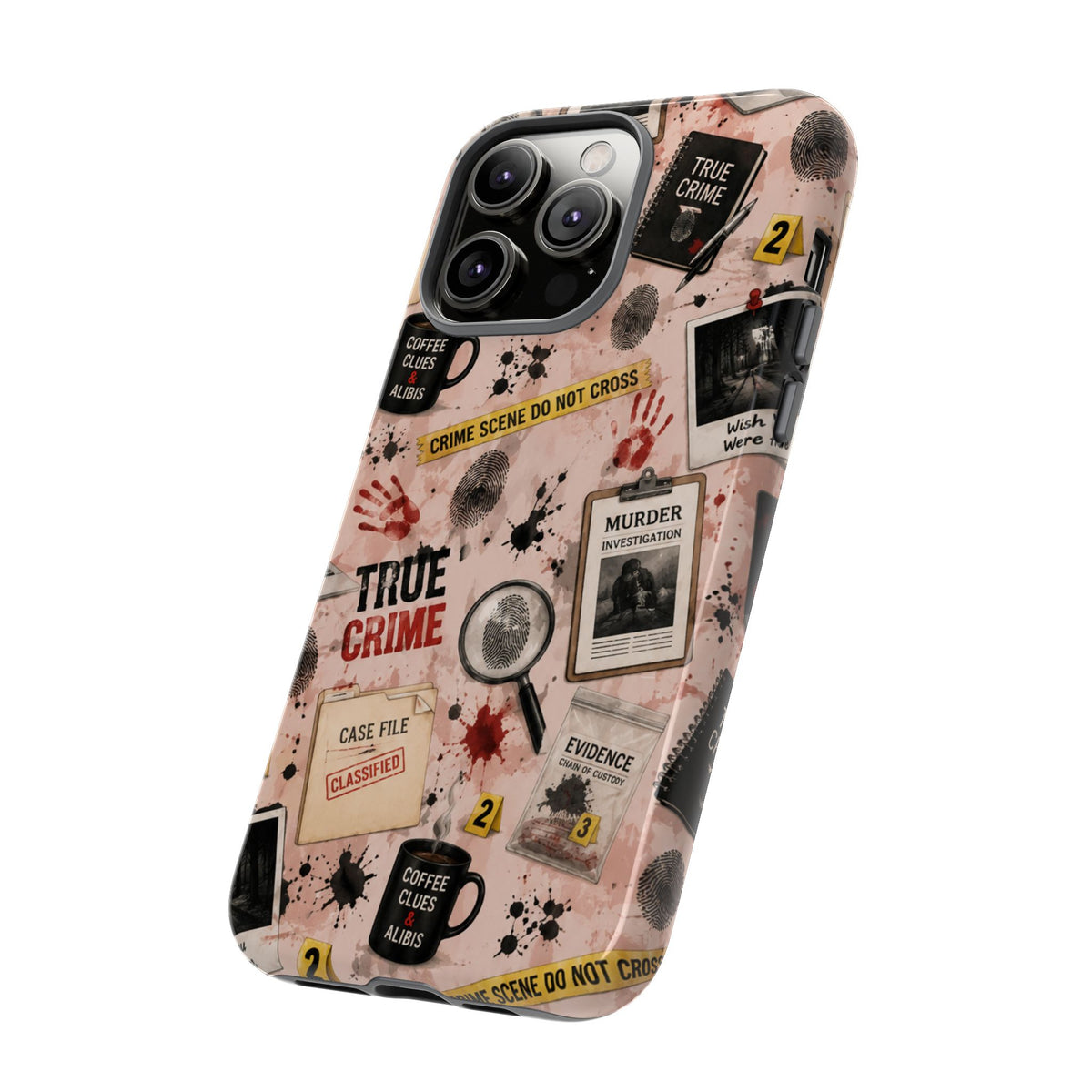 True Crime Pattern Phone Case – Detective Evidence, Crime Scene Tape & 'True Crime' Design