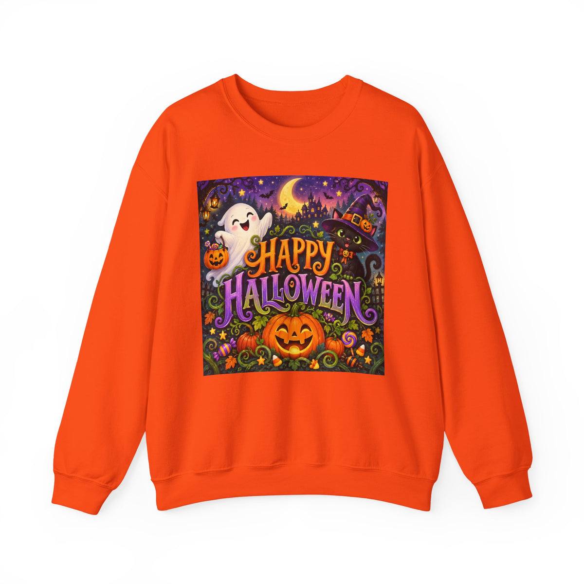 Happy Halloween Crewneck Sweatshirt — Cute Ghost & Jack-o'-Lantern Halloween Sweater
