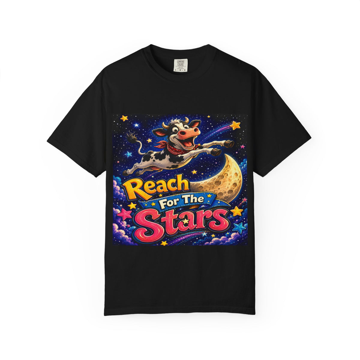 Reach For The Stars cow graphic T-Shirt | Retro space moon design