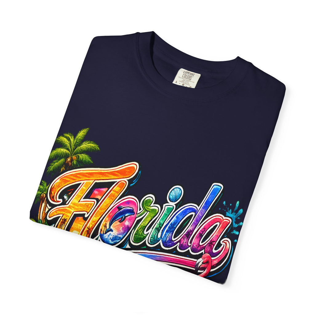 Florida Retro Palm Beach Sunset T-Shirt | Flamingo Hibiscus