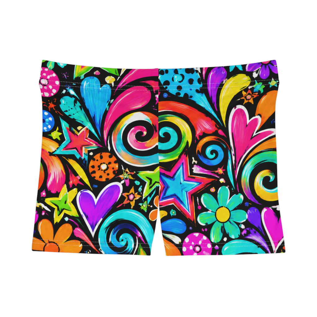 Neon Psychedelic Floral Shorts — Women's Colorful Swirl Heart Print