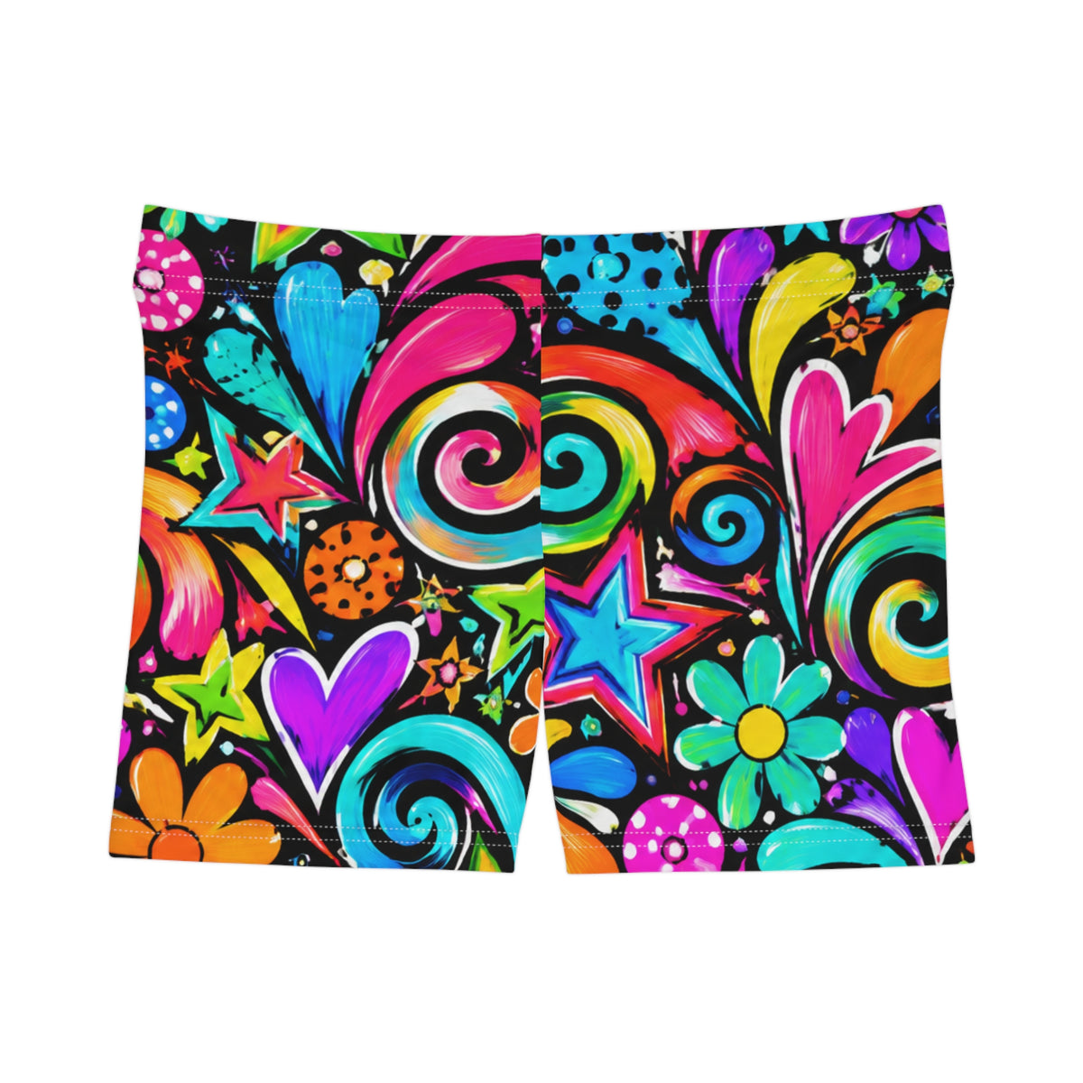Neon Psychedelic Floral Shorts — Women's Colorful Swirl Heart Print