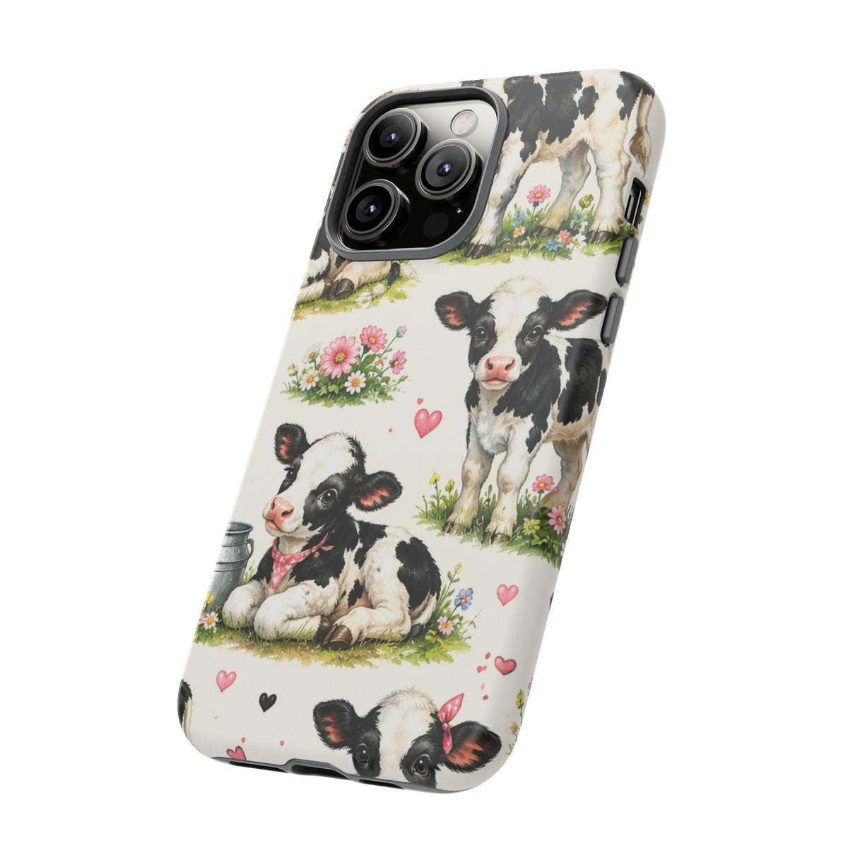 Cute Calf Pattern Phone Case – Pastel Cow Hearts & Flowers Protective Cover