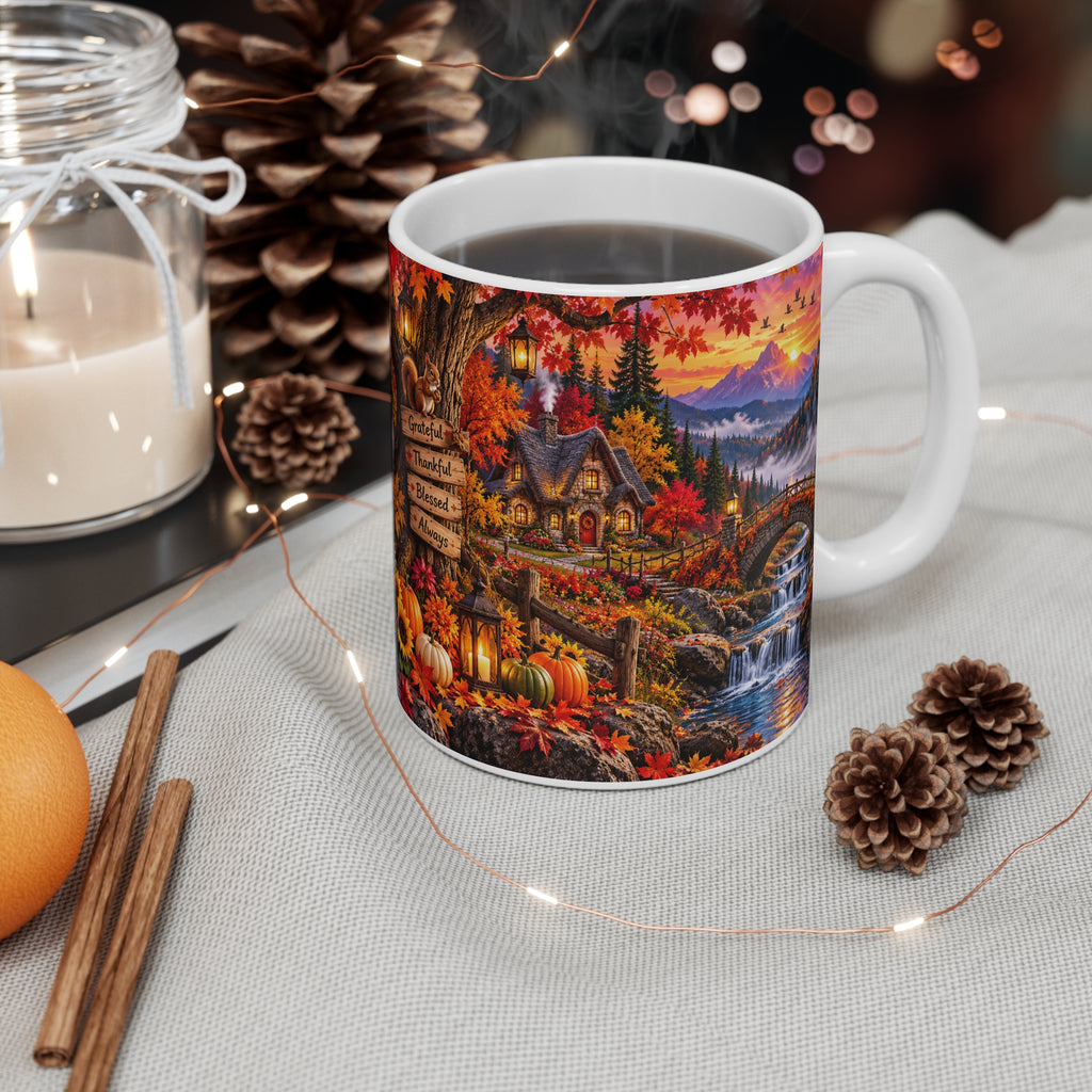 Autumn Cottage 11oz Mug — Grateful Thankful Blessed Fall Scenic Coffee Cup