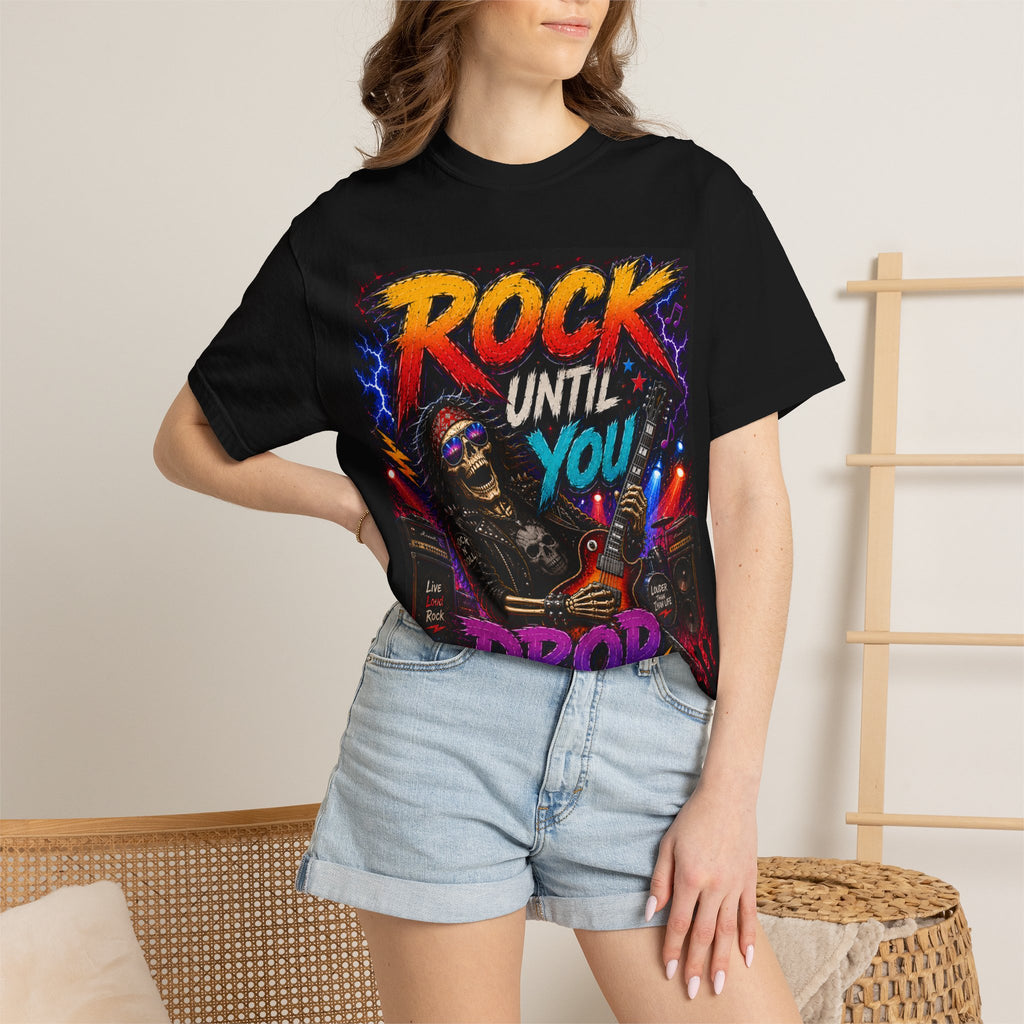 Rock Until You Drop T-shirt | Guitar Skeleton Concert Tee