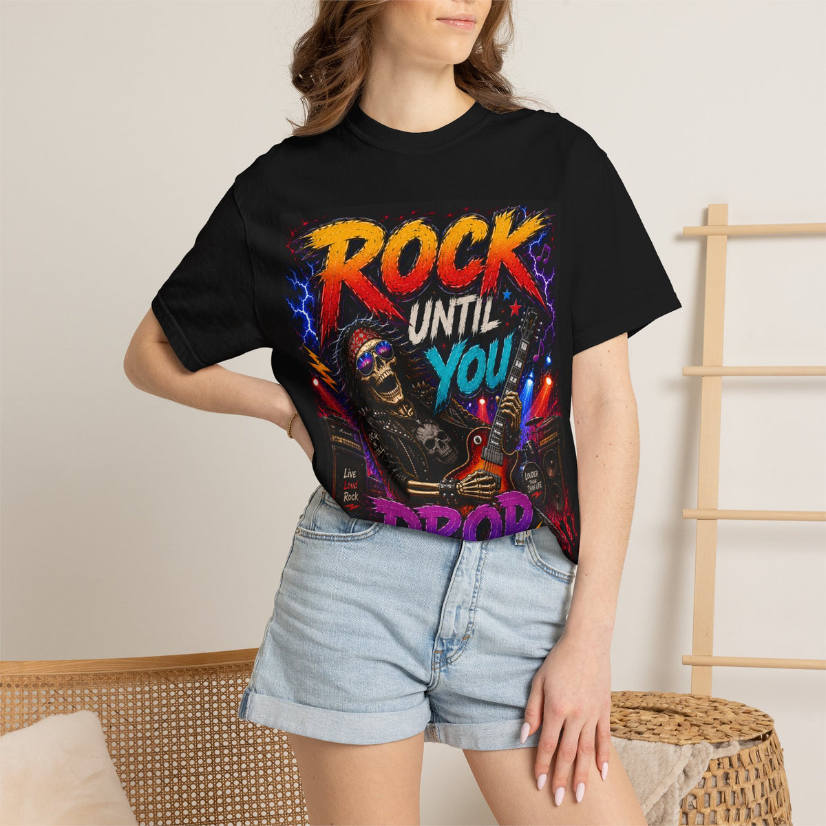 Rock Until You Drop T-shirt | Guitar Skeleton Concert Tee