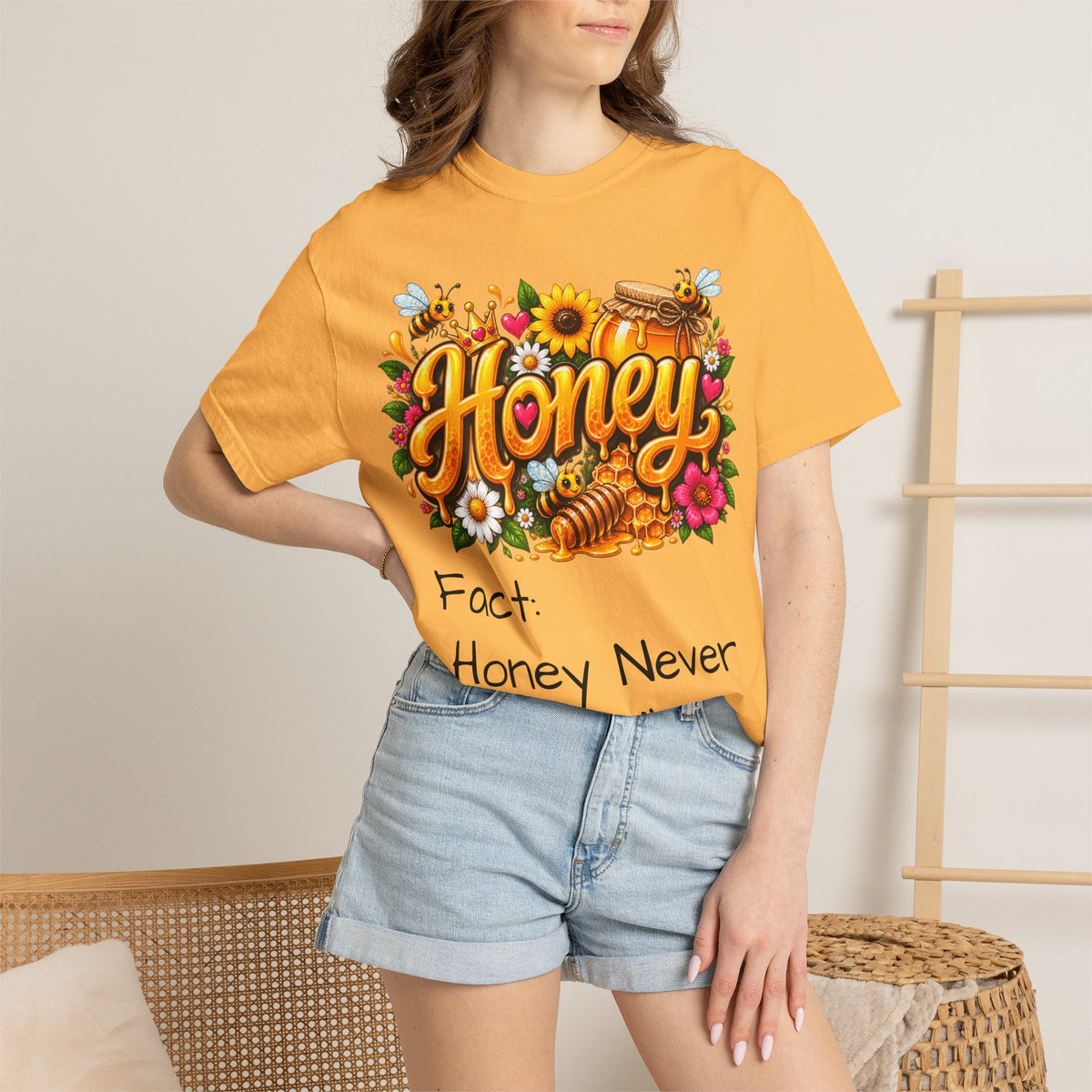 Honey Graphic T-Shirt — “Honey Never Spoils” Vintage Floral Bee Tee