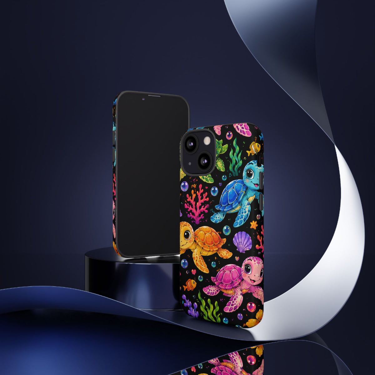 Phone Case — Colorful Cute Sea Turtles on Black (Protective Smartphone Cover)