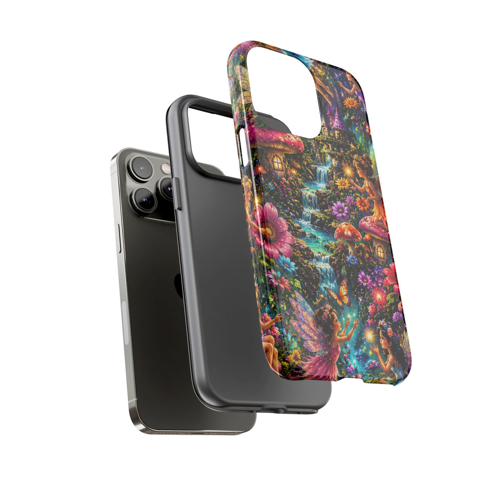 Fairy Garden Tough Phone Case — Whimsical Cottage, Waterfall & Mushroom Artwork