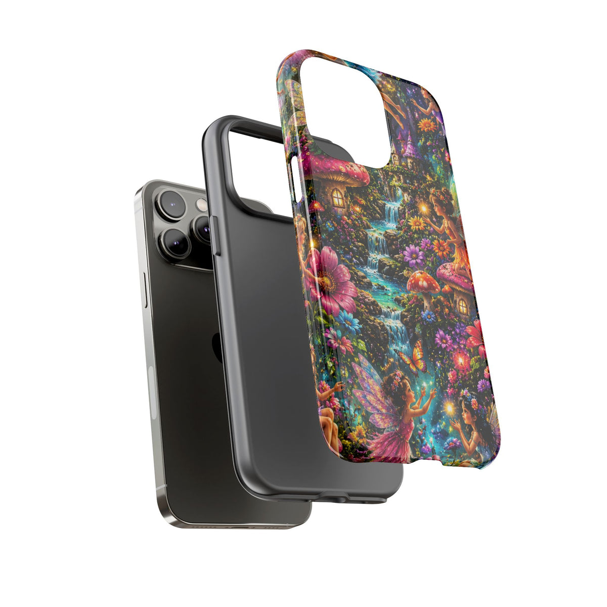 Fairy Garden Tough Phone Case — Whimsical Cottage, Waterfall & Mushroom Artwork