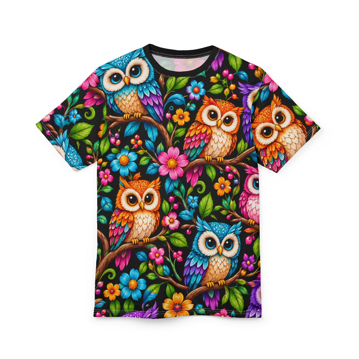 Colorful Owl All-Over Print Tee — Whimsical Floral Bird T-Shirt