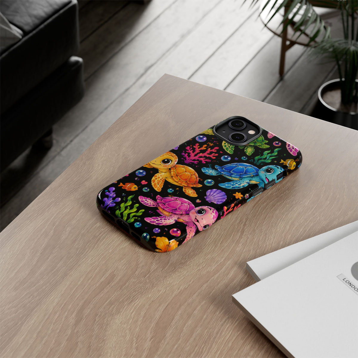 Phone Case — Colorful Cute Sea Turtles on Black (Protective Smartphone Cover)