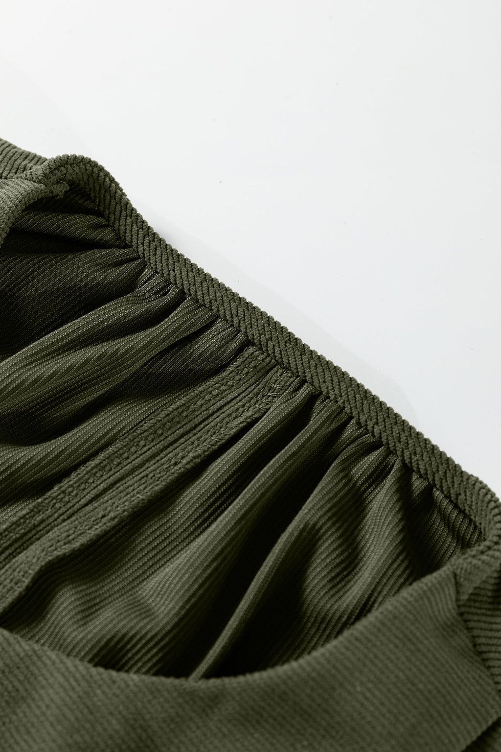 Moss Green Bracelet Sleeve Split Neck Scallop Detail Pleated Corduroy Mini Dress