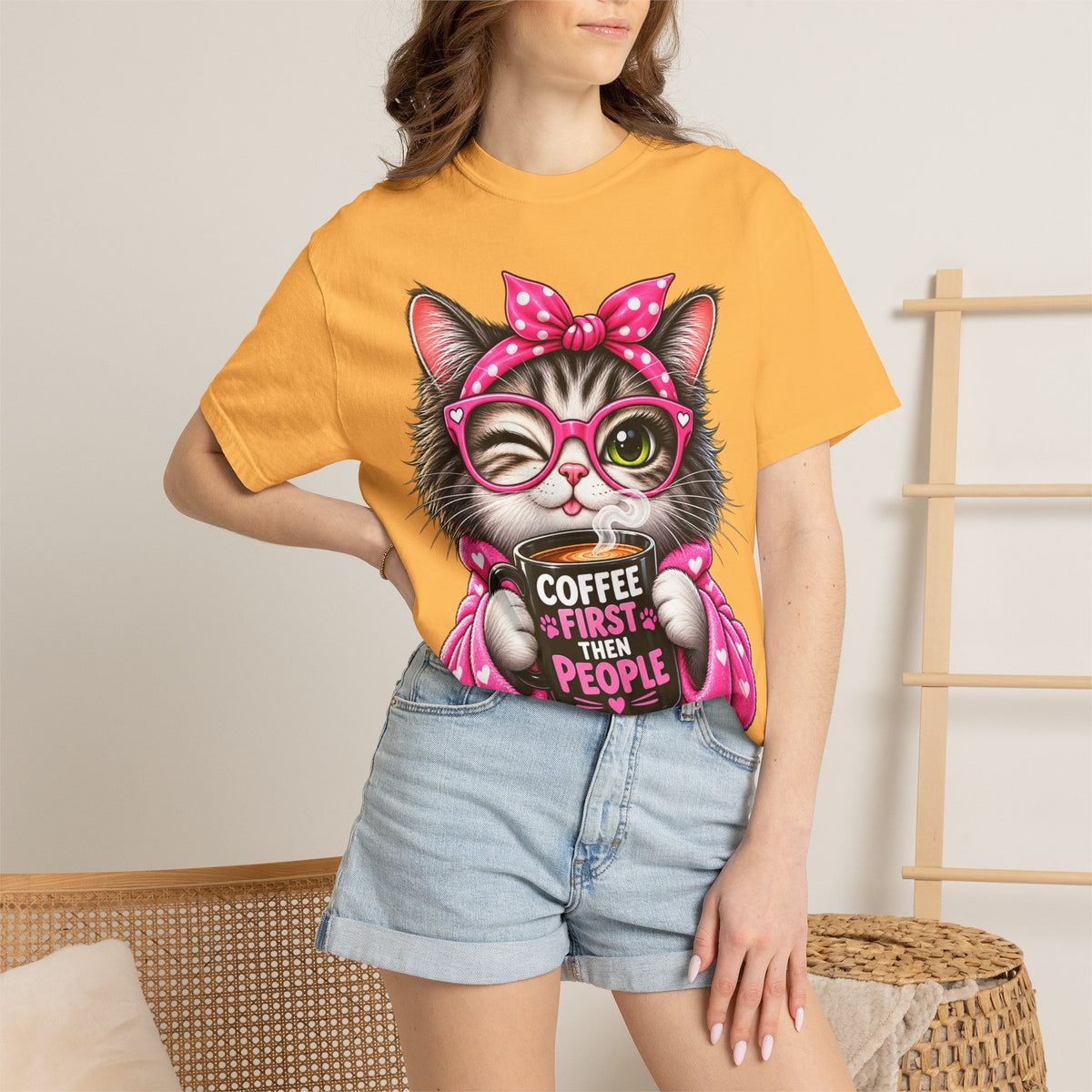 Cat Coffee Tee — "Coffee First Then People" Cute Cat Graphic T-Shirt