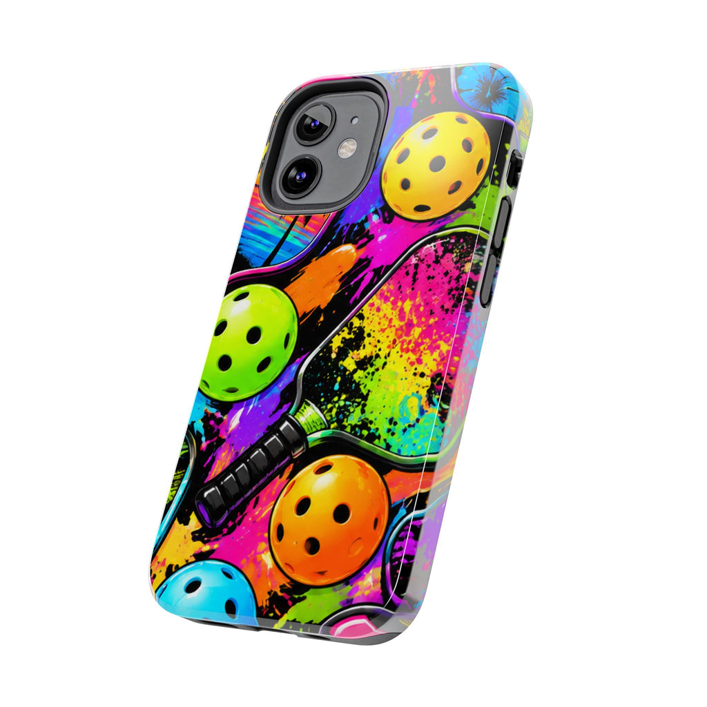 Pickleball Splash Tough Phone Case — Neon Paddle & Ball Protective Cover