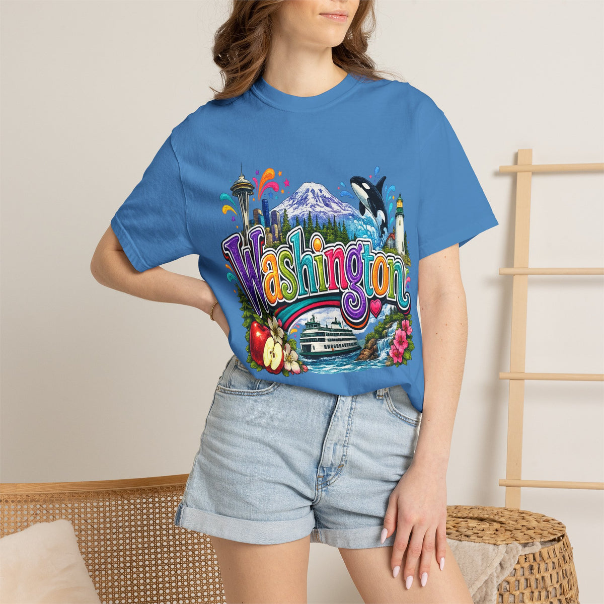 Washington State Scene T-shirt | Seattle Skyline, Orca, Apples