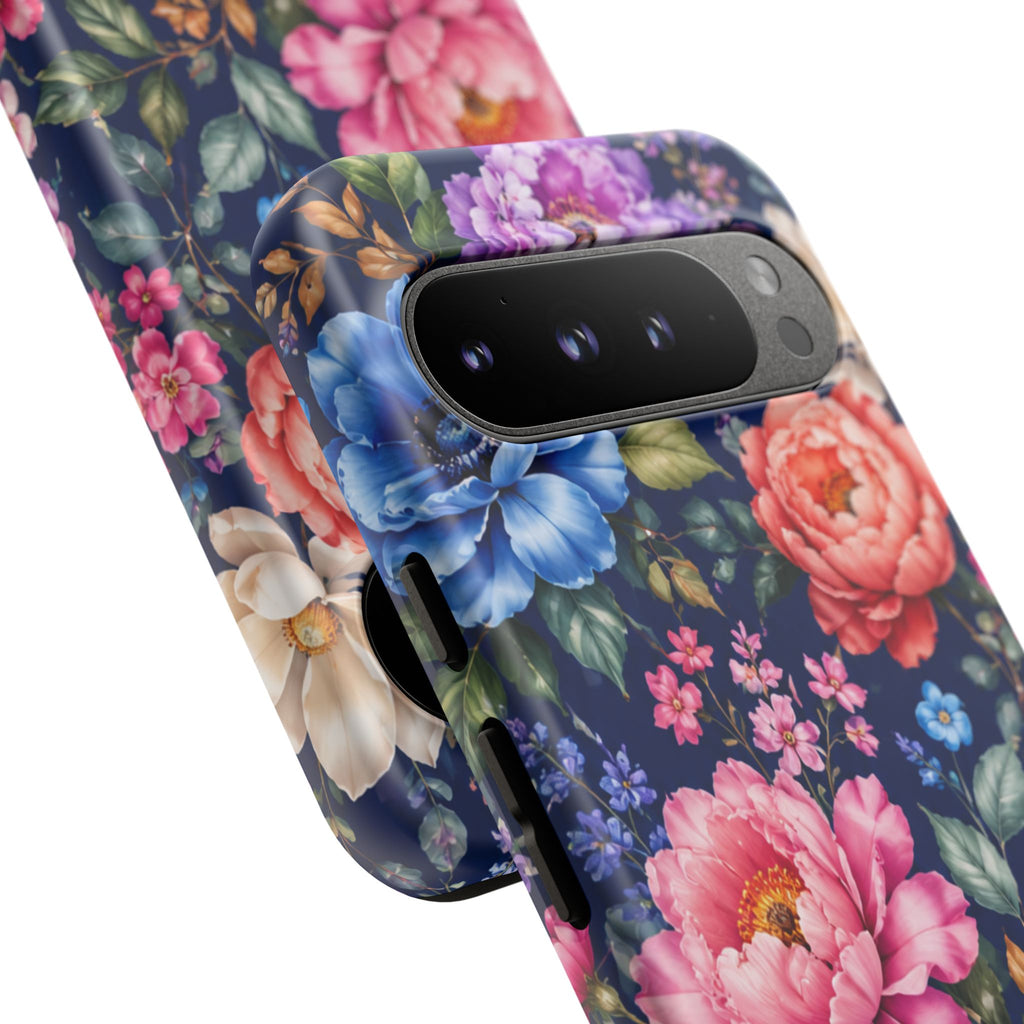 Floral Tough Phone Case – Vibrant Garden Flowers on Navy