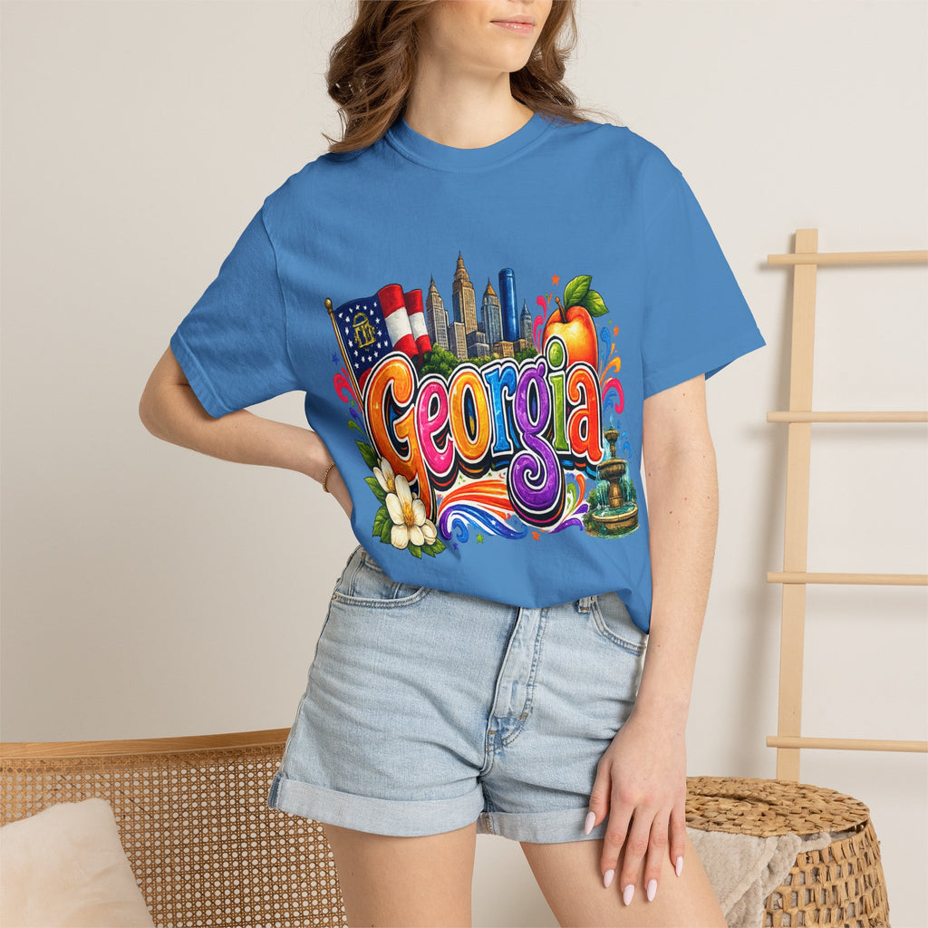 Georgia state illustration T-shirt | Atlanta skyline, peach, magnolia