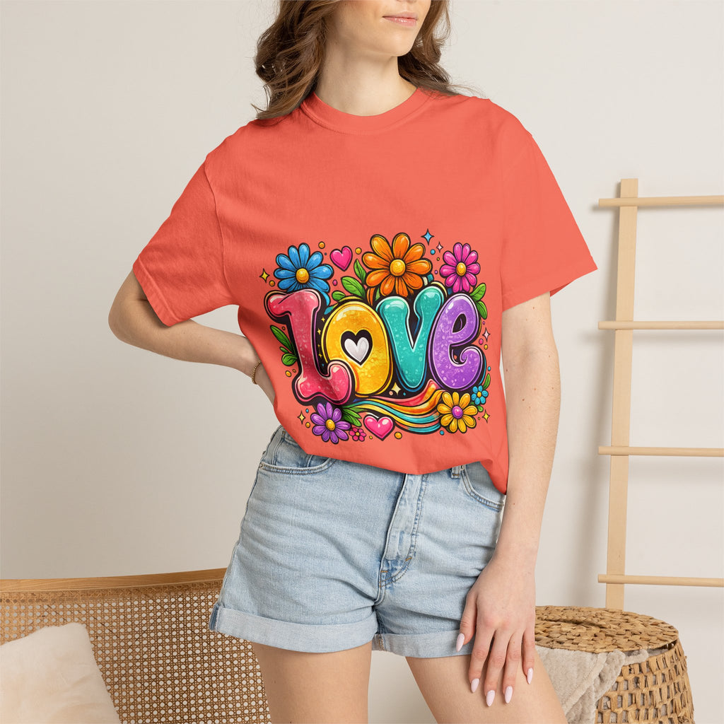 Retro Floral "Love" Design T-shirt | Colorful 70s Heart Typography