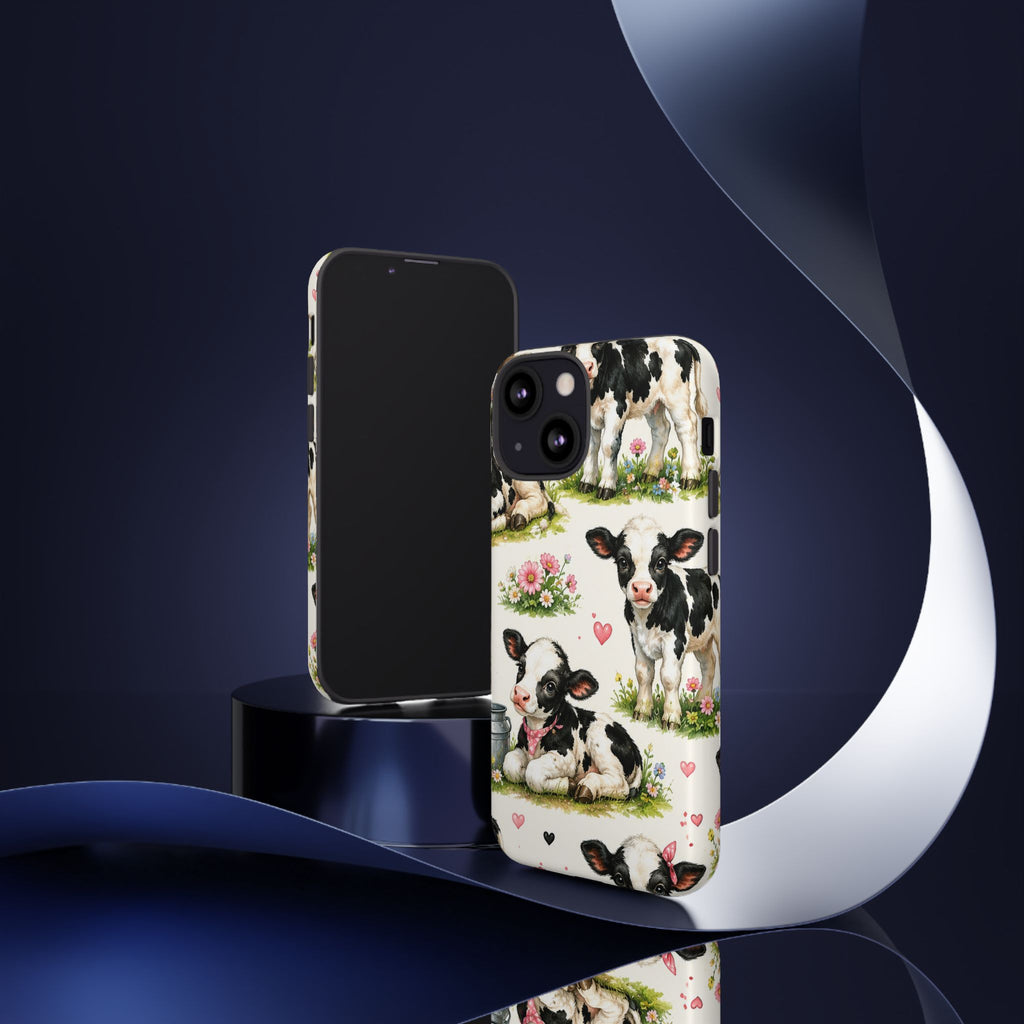 Cute Calf Pattern Phone Case – Pastel Cow Hearts & Flowers Protective Cover