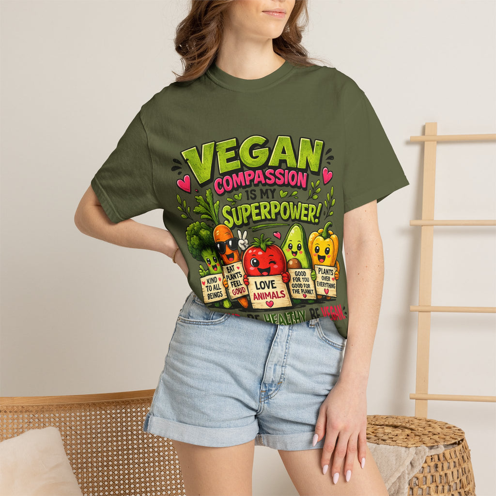 Vegan Compassion Is My Superpower T-shirt | Cute Veggie Characters