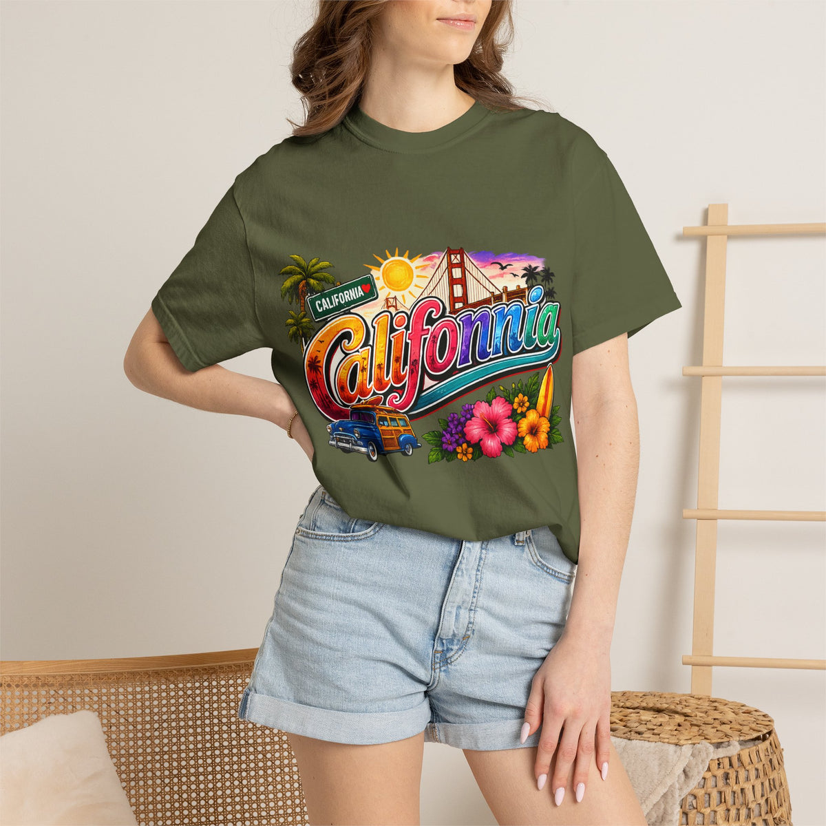 California Retro Sunset T-shirt | Golden Gate, Palm Trees & Surf