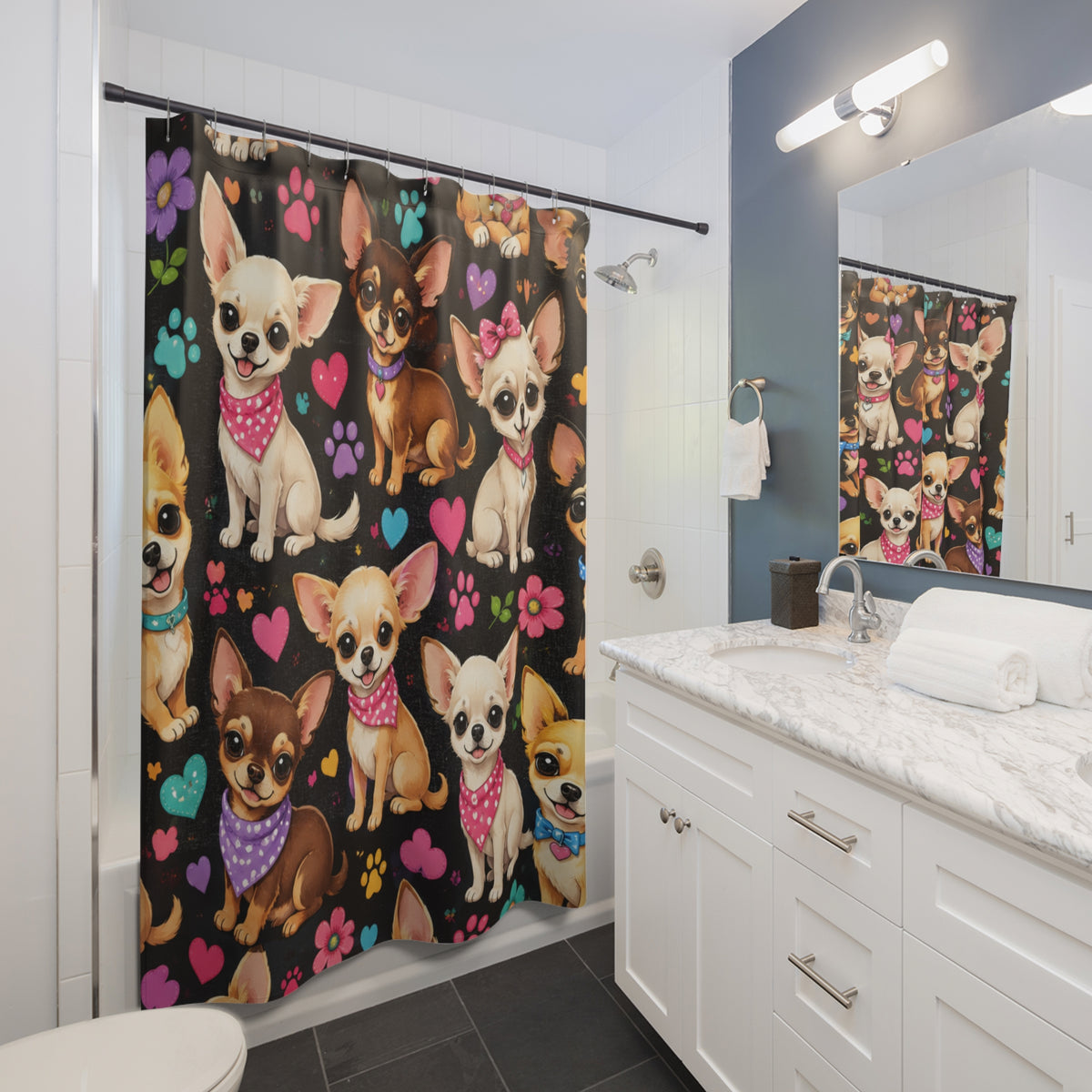 Cute Chihuahua Pattern Shower Curtain | Paw Prints Hearts Dog Illustration
